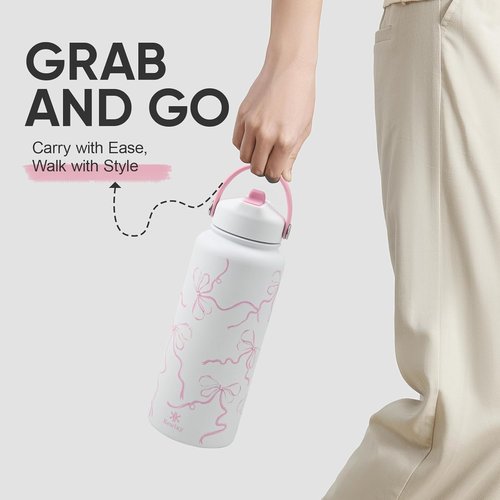 Bow 32 oz Insulated Water Bottle - Stainless Steel, Leak Proof, Reusable with Flip Straw & Handle | Breeze Pink