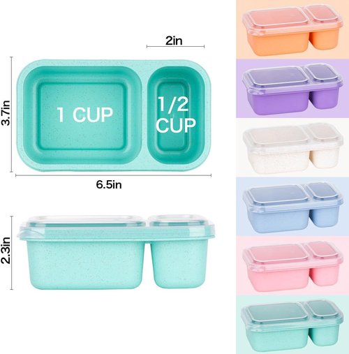 DOSEWART 2-Compartment Snack Containers - Eco-Friendly Wheat Straw Meal Prep Packs | 6-Pack