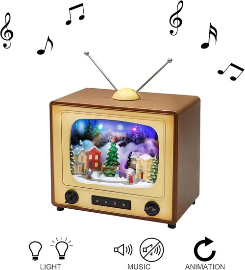 Moments in Time | Animated Retro TV Christmas Village Scene - 6” Hand-Painted Lighted Décor with LED Lights & Moving Tree