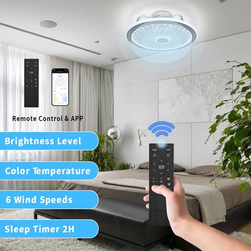 AFSEMOS Modern Ceiling Fans with Lights,19" Low Profile Ceiling Fan,3000K-6500K Smart Dimmable，Flush Mount Ceiling Fan for Bedroom, Kids Room and Living Room