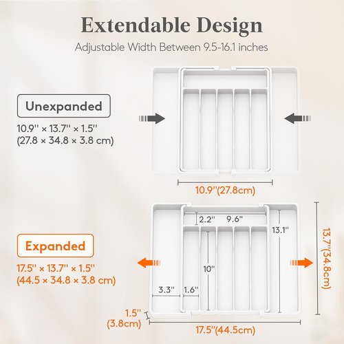 Lifewit Expandable Silverware Drawer Organizer - BPA-Free Utensil Tray for Kitchen | Adjustable 10.9"-17.5" x 13.7" - White