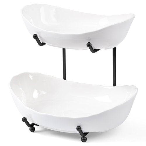 HBlife Fruit Bowl for Kitchen Counter - 2 Tier Ceramic Fruit Rack, Fruit Basket for Fresh Fruit&Veggies, Tiered Fruit Platter Serving Trays for Party