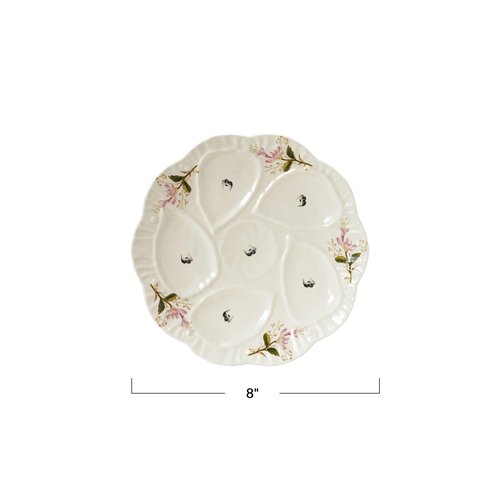 Creative Co-Op Scalloped Stoneware Oyster Plate with Floral Design, Cream
