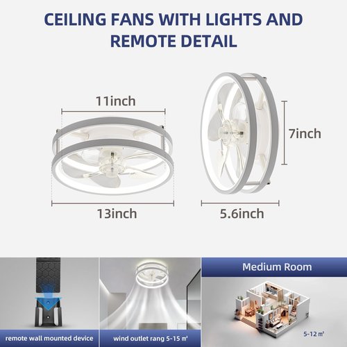 Zoruny 13" Small Ceiling Fans with Lights with Remote Low Profile Flush Mount Modern Fandalier, LED Fan Light, Compact Ceiling Fans Lighting for Bedroom (White 001)
