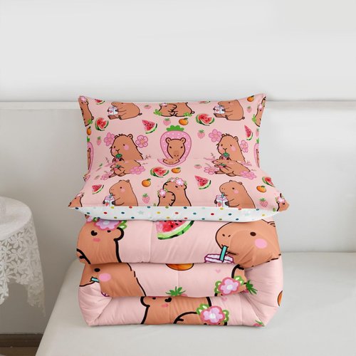 Capybara Lover Bedding Set, Capybaras Decor Comforter Set Twin For Kids Girls Bedroom, Cartoon Rodent Animals Quilted Duvet Capybara Decorations Watermelon Strawberry Duvet Insert Kawaii Decor, Pink