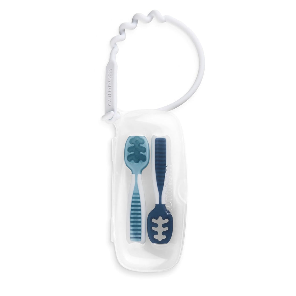 NumNum Baby Spoons Set - Silicone GOOtensils for Baby Led Weaning | Teething Spoon with Travel Case - Blue/Navy