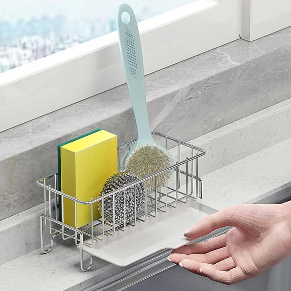 Skiennix Kitchen Countertop Sponge Holder - SUS 304 Stainless Steel Dish Soap Organizer | Durable Caddy for Cleaning Tools