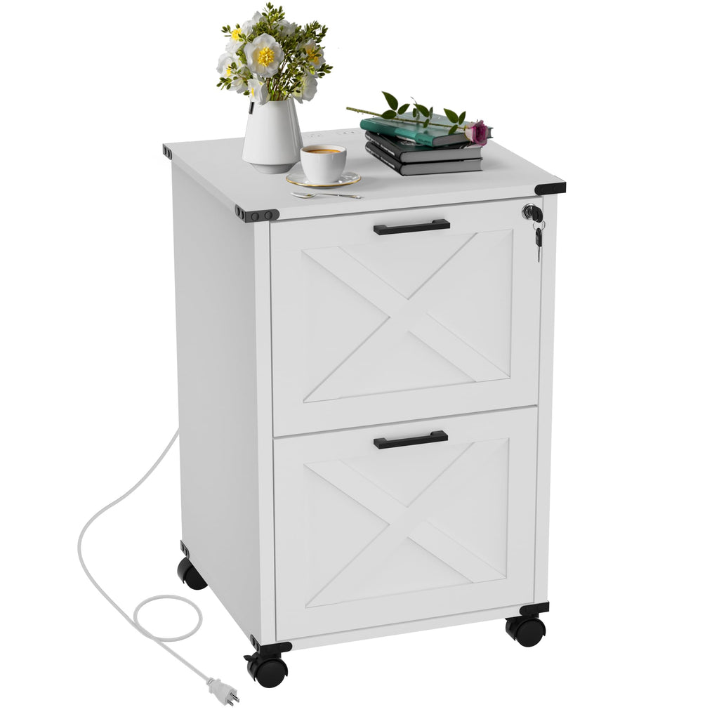 Onelike Small Wood File Cabinet with Lock, Nightstand with Charging Station, 2 Drawer Under Desk Lateral Filing Cabinets for Home Office, Printer Stand with Storage, White