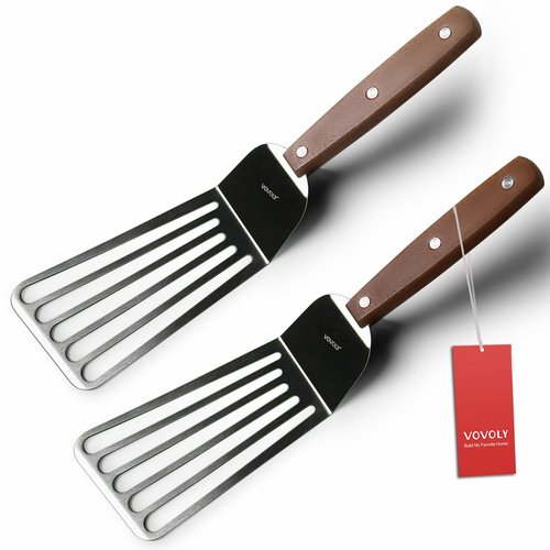 2 Pack Offset Fish Spatula Turner, Stainless Steel Slotted Spatulas for Flipping, Turning, Frying & Grilling, Offset Metal Slotted Spatulas, Wooden Full Tang Handle