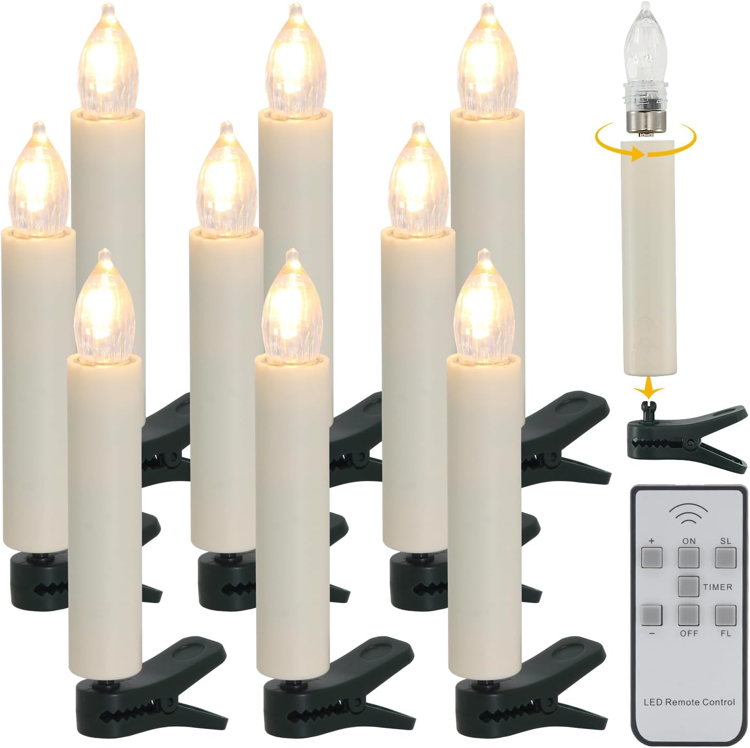 Skiennix Flameless LED Clip Candles - Battery Operated Christmas Lights with Remote Timer | 10-Pack