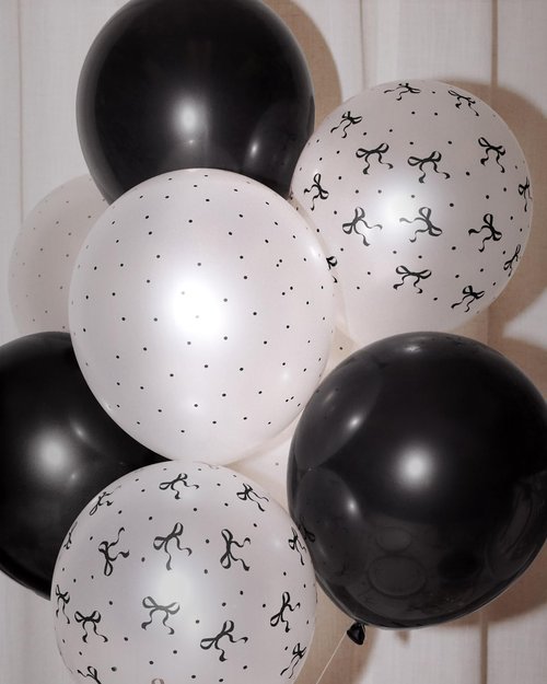 xo, Fetti Black + White Bow Latex Balloons - 24 pk, 12" | Bachelorette Decorations, Alternative Birthday Party, RIP to My 20s Decor, Cute Emo Girl Supplies