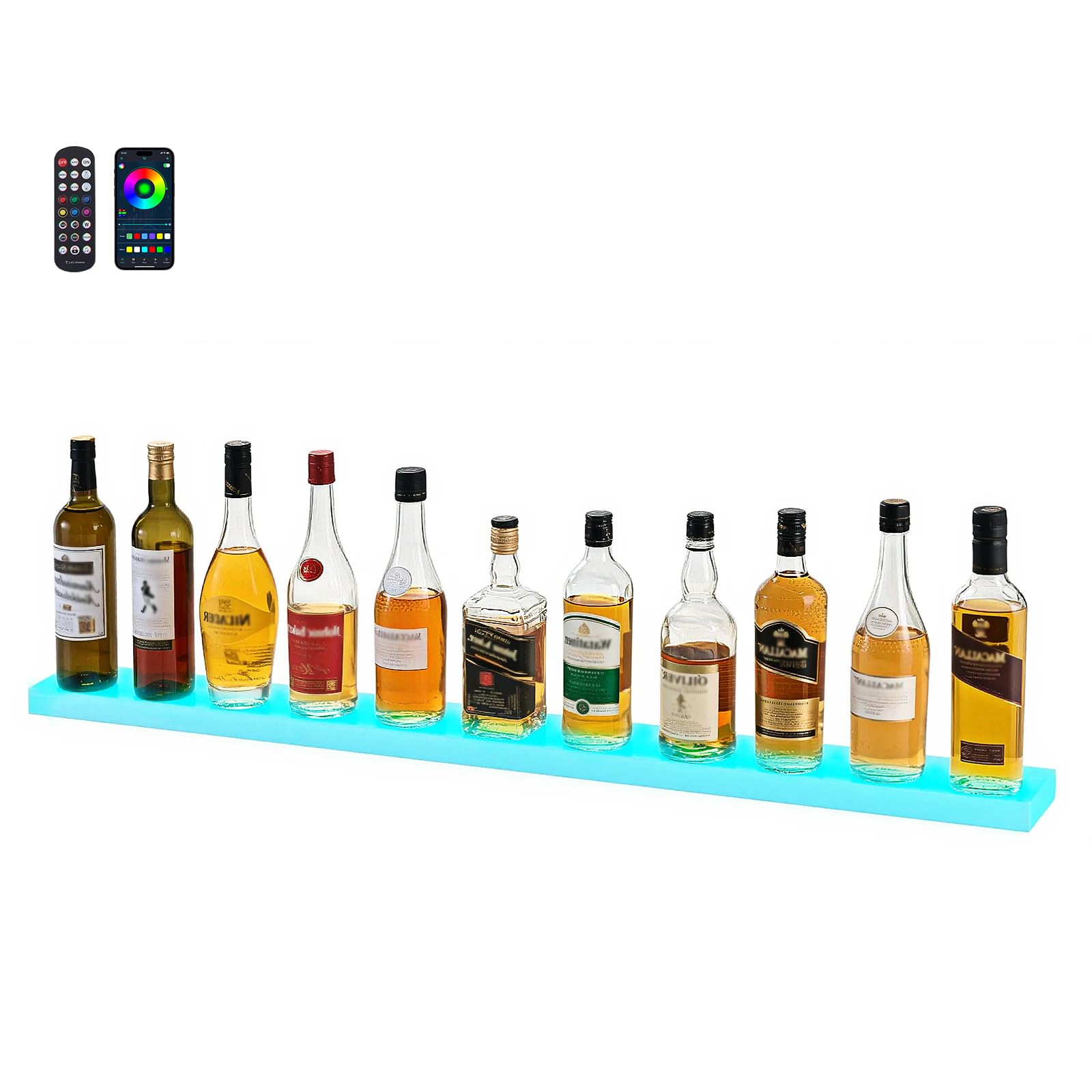 VEVOR LED Lighted Liquor Bottle Display, 1 Tier 48 Inches Whiskey Rack, Supports USB, Illuminated Home Bar Shelf with RF Remote & App Control, 7 Static Colors, Acrylic Lighted Shelf for 12 Bottles