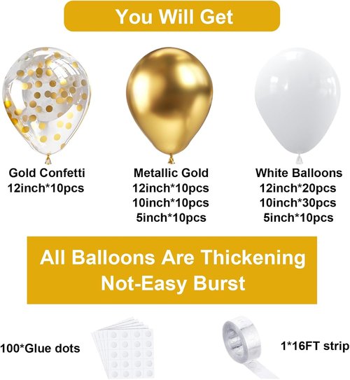 Bezente White Gold Balloon Arch Garland Kit - 100Pcs Metallic Chrome & Confetti Balloons for Weddings, Birthdays & Events