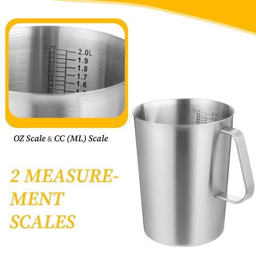 Stainless Steel Measuring Cup with Handle and Pour Lip, 2000ml 70OZ Metal Pitcher with Oz And ML Marking, Heavy-Duty Milk Frothing Jug for Coffee Latte Art, Commercial and Home Kitchen