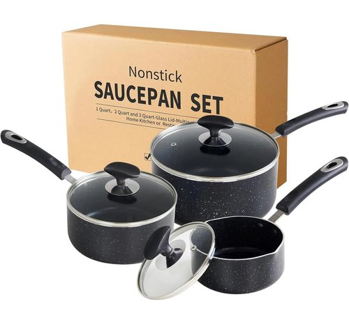 RATWIA Nonstick Saucepan Set - 3-Pieces Pot Set 1 Quart & 2 Quart & 3 Quart,Ultra Non Stick Sauce Pan Small Pot with Glass Lid,Great for Home Kitchen Restaurant,Black
