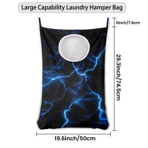 Blue Lightning Bolt Hanging Laundry Hamper Bag Foldable Wall Laundry Basket Hanging Clothes Bathroom Storage Organization Door Hamper with Stainless Steel Hooks