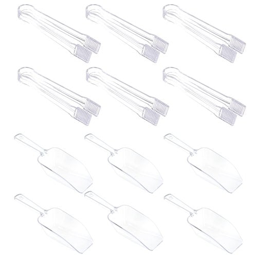 12Pcs Clear Plastic Ice Scoops Tongs Set, Small Tongs for Serving Food, Mini Candy Scoops for Candy Buffet Dry Goods Freezer Bin Canisters (Clear)