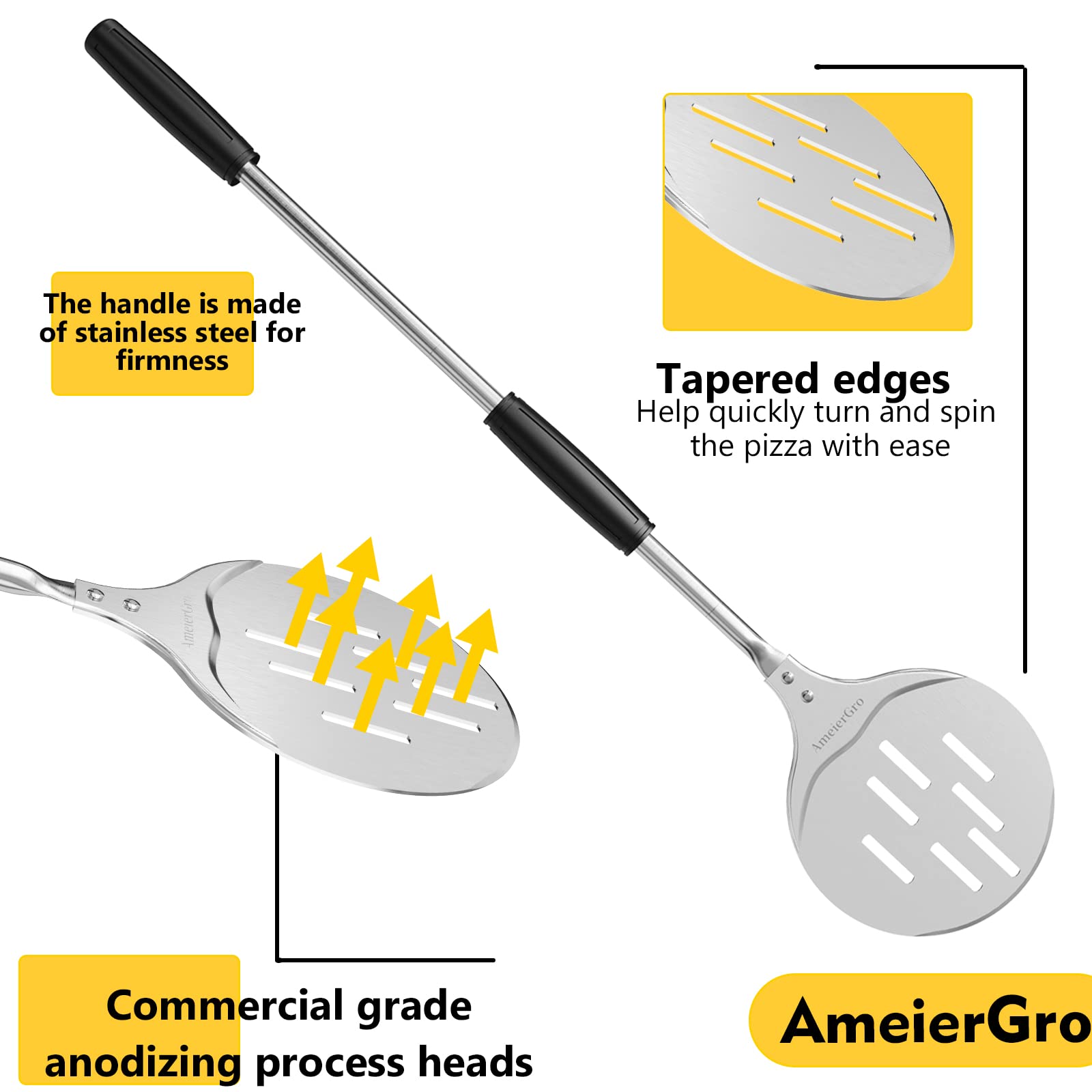 AmeierGro Pizza Turning Peel, 7 Inch Perforated Pizza Peel Turner, Adjustable Long Handle Pizza Spatula, Pizza Paddle Harden Anodizing, Pizza Oven Accessories for Pizza