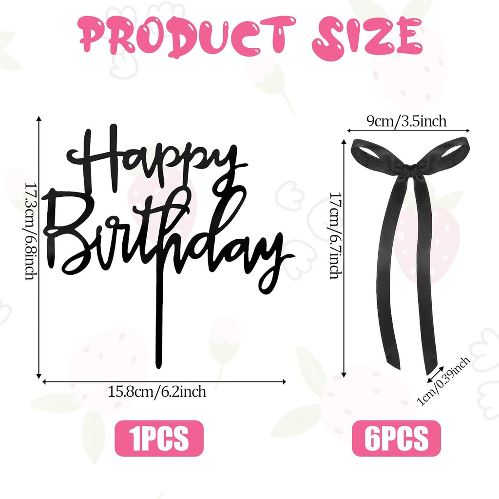 Skiennix 7 Pcs Black Bow Cake Toppers - Elegant Happy Birthday & Wedding Decorations