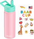 Baab Kids Water Bottle - Insulated 18oz Stainless Steel Cup with Straw & Stickers | Pink