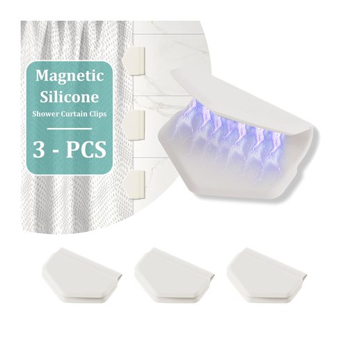 3 Pack Magnetic Silicone Shower Curtain Clips for Liners, Self-Adhesive Waterproof Splash Guards, Strong Magnet Curtain Holders Keep Liner Sealed to Wall, Windproof Easy Installation No-Drill (White)