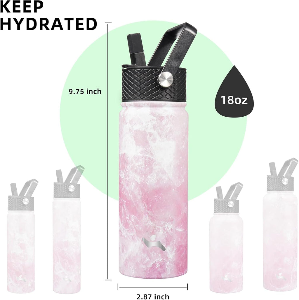 Skiennix 18 oz Insulated Stainless Steel Water Bottle - Marble Blossom | 3 Versatile Lids Included