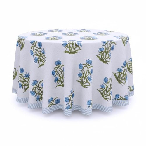 Blue & Green Floral Round Tablecloth | 100% Cotton Hand Block Printed Thanksgiving Table Cover, Premium Soft Fabric | for Dining Table , Festive, Home Décor & Thanksgiving (108 " Round Seats 8 to 10)