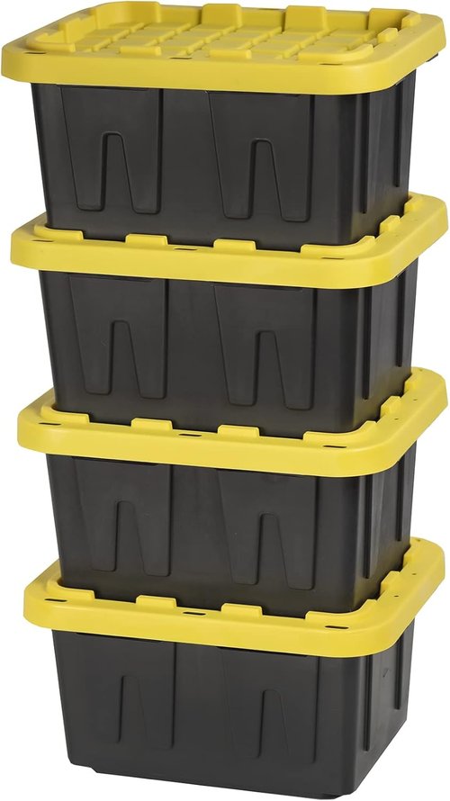 5-Gallon Heavy Duty Storage Bins by BLACK & YELLOW - Stackable, Weather-Resistant, 4-Pack for Home Organization