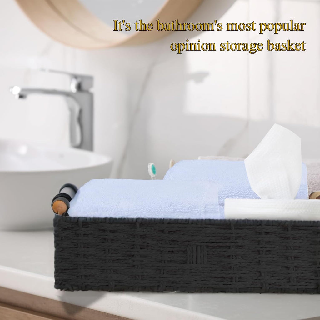 Skiennix Round Paper Rope Storage Basket - Decorative Wicker Baskets with Handle | Black, Small Size for Organizing