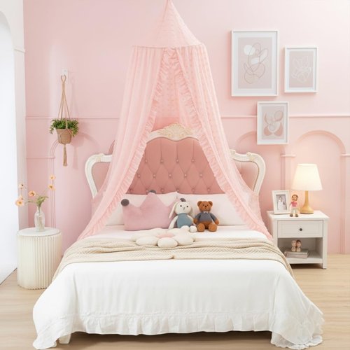 Mengesi Bed Canopy with Pom Pom- Lace Chiffon Canopy Bed Curtains, Ruffles Princess Reading Nook Play Tent for Girls Room (Beige Pink)