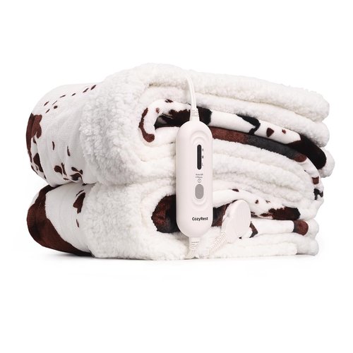 Cow Print Electric Blanket Heated Throw Blanket with 3 Heat Settings & 4-Hour Auto Shutoff, Fast Heating, Soft Flannel & Sherpa Fleece, Machine Washable, 50 x 60 Inches (Beige Cow Stripes, Throw)