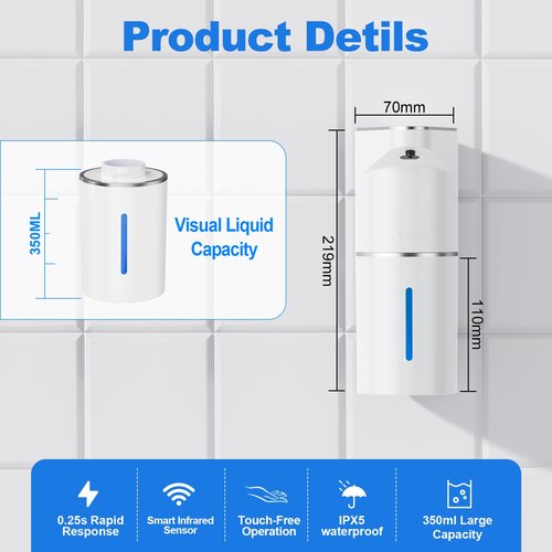 Automatic Soap Dispenser Touchless, 3-Level Adjustable 1200mAh, 12oz/350ml Wall or Countertop Mounted, Modern Electric Hand Soap Dispenser for Bathroom Kitchen, Hotel, Restaurant White