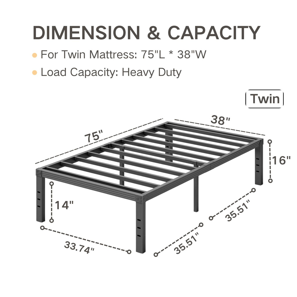 COMASACH Twin Size Bed Frame 16" Tall Heavy Duty, Metal Platform Bed Frame,Sturdy Steel Frame,No Box Spring Needed,Noise-Free,Easy Assembly