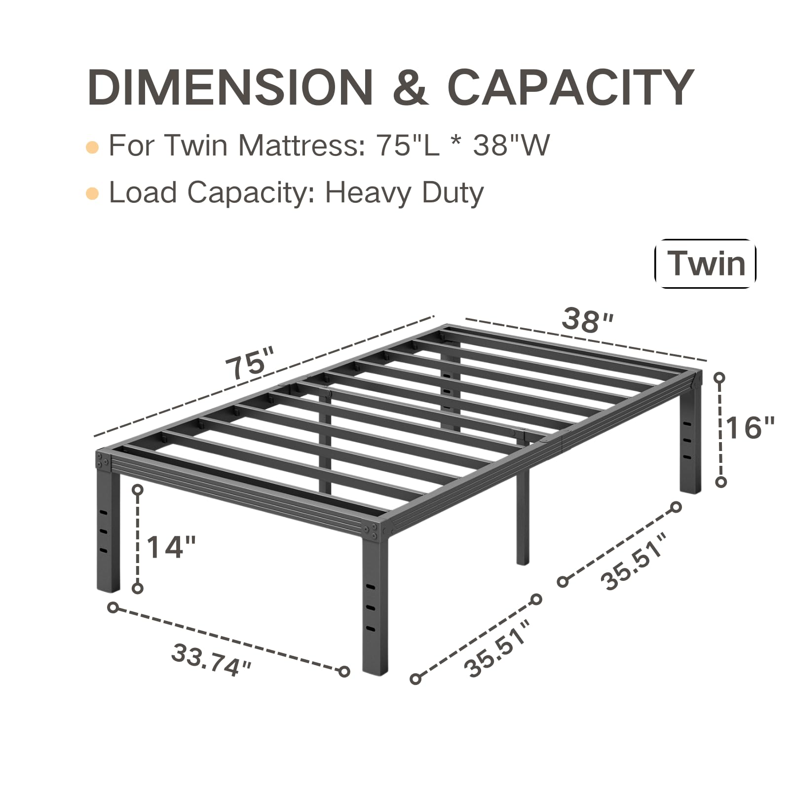 COMASACH Twin Size Bed Frame 16" Tall Heavy Duty, Metal Platform Bed Frame,Sturdy Steel Frame,No Box Spring Needed,Noise-Free,Easy Assembly