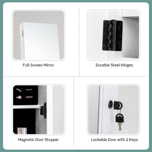 COSTWAY Mirror Jewelry Cabinet with Wheels, Standing Full-length Mirror with Jewelry Storage, Lockable Jewelry Organizer Box with Drawers, Rolling Jewelry Armoire for Women Girls Bedroom (White)