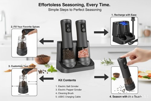 Veiliss 2pcs Electric Salt and Pepper Grinder Set With Battery Display Rechargeable Base, External Adjustable Coarseness, Automatic Ceramic Salt & Pepper Shakers Mills (Black Pro)