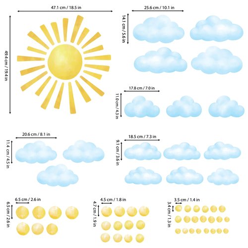DECOWALL DS12-8079 78pcs Sun Clouds Polka dot Wall Stickers Decals Art Baby Bedroom Boho Classroom décor Living Kids Home Nursery playroom Removable Sunshine Vinyl DIY