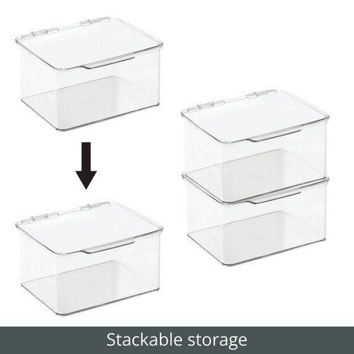 mDesign Plastic Kitchen Pantry and Fridge Storage Organizer Box Containers with Hinged Lid for Shelves or Cabinets, Holds Food, Snacks, Canned Drinks, Seasoning, Condiments, or Utensils, 2 Pack, Clear
