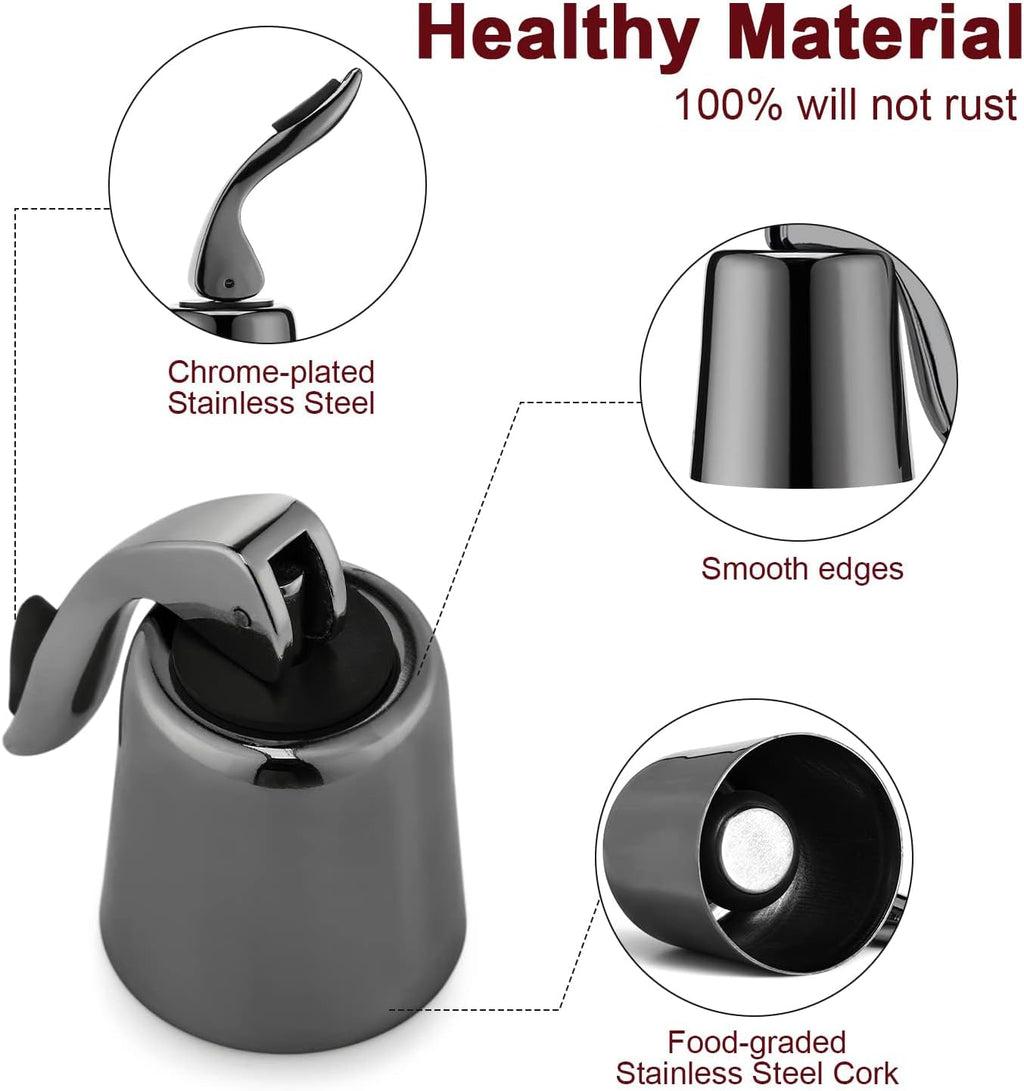 Wine Stoppers for Wine Bottles with Stainless Steel Vacuum Wine Bottle Stopper with Silicone Reusable Wine Corks, Leak proof Keep Fresh Suitable for Red&White Bottle (Black, 2 Pack)