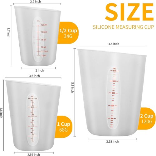 3 PCS Silicone Measuring Cups (2 Cup + 1 Cup + 0.5 Cup) Flexible Melting Measure Cups for Chocolate,Epoxy Resin Butter, Squeeze Pour Baking Cup BPA Free with Marking ML/Ounce (White)