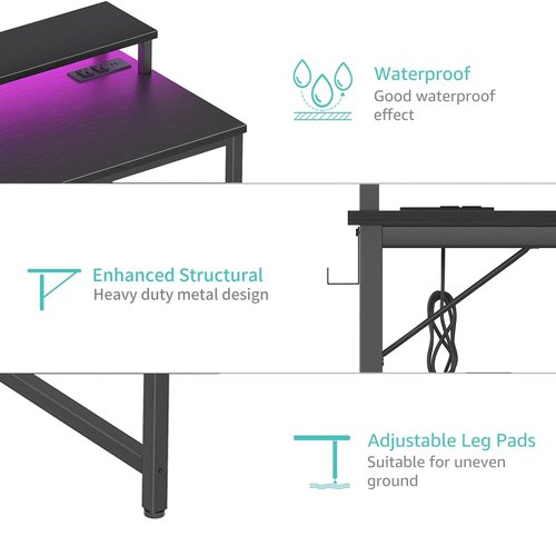 Lufeiya Small Desk with Power Outlets and LED Lights, 32 Inch Teen Writing Study Table Home Office Computer Desks with Monitor Stand, Gaming Desk with Charging Station, Black