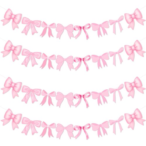 4Pcs Pink Bow Garland Banner, Pink Bow Banner Bow Party Decortions for Women Girls Bow Birthday Decorations Baby Shower Decor, Bridal Shower Wedding, Bows Party Decor