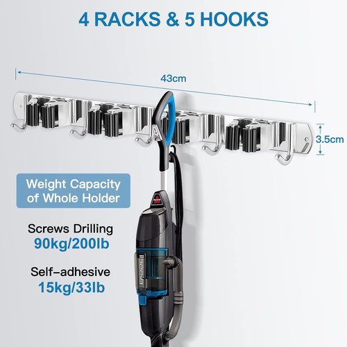 IMILLET Wall-Mounted Broom Holder - Heavy-Duty Stainless Steel Storage Organizer | 4 Racks & 5 Hooks