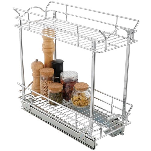OCG Slide Out Cabinet Organizer for Narrow Cabinet (5" W X 17" D), 2 Tier Pull Out Shelves Slim Sliding Cabinet Organizer and Storage, Chrome