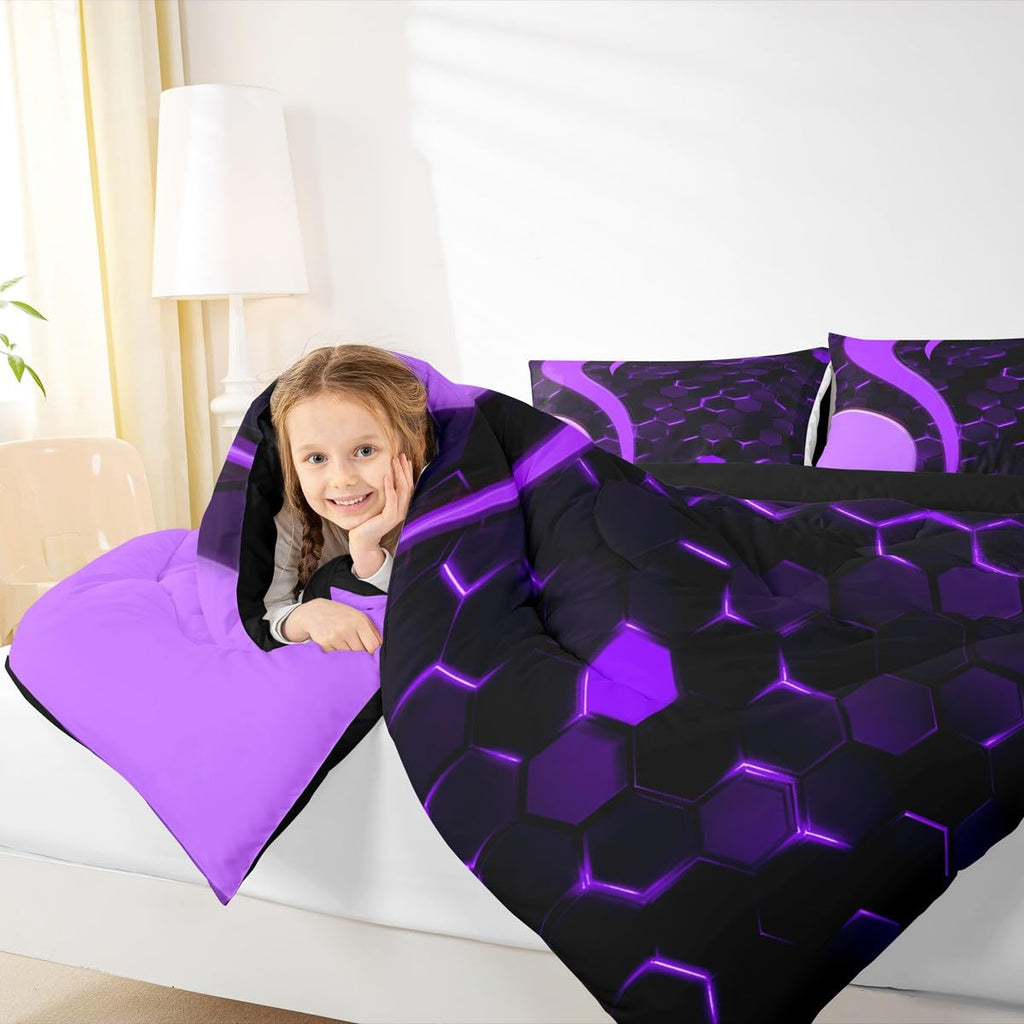 Feelyou Honeycomb Comforter Hexagonal Print Bedding Set Geometrical Beehive Purple Blue Comforter Set for Boys Girls Teens Decor Modern Art Duvet Set Quilt Twin Size Boys