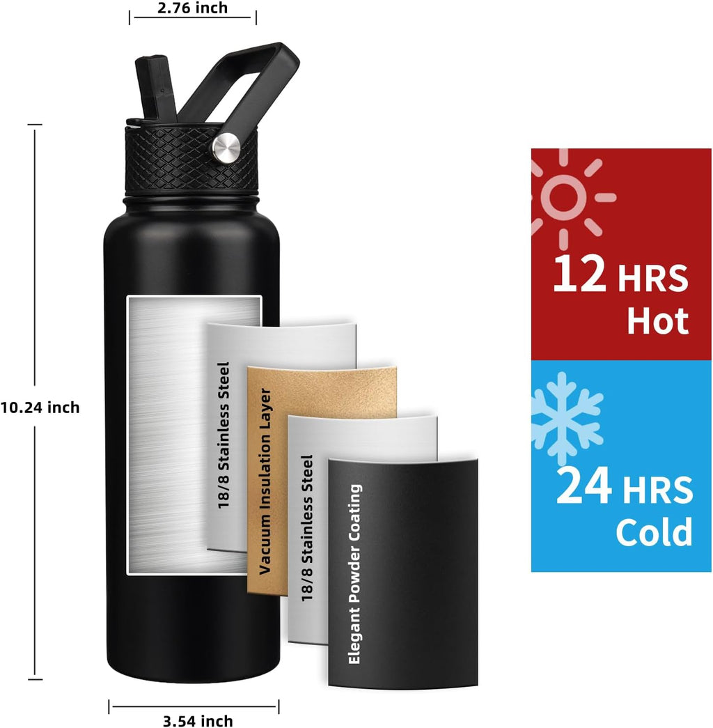 Skiennix Insulated Water Bottle - 40oz Triple Wall Vacuum Stainless Steel | Leak Proof, Non-BPA, Black