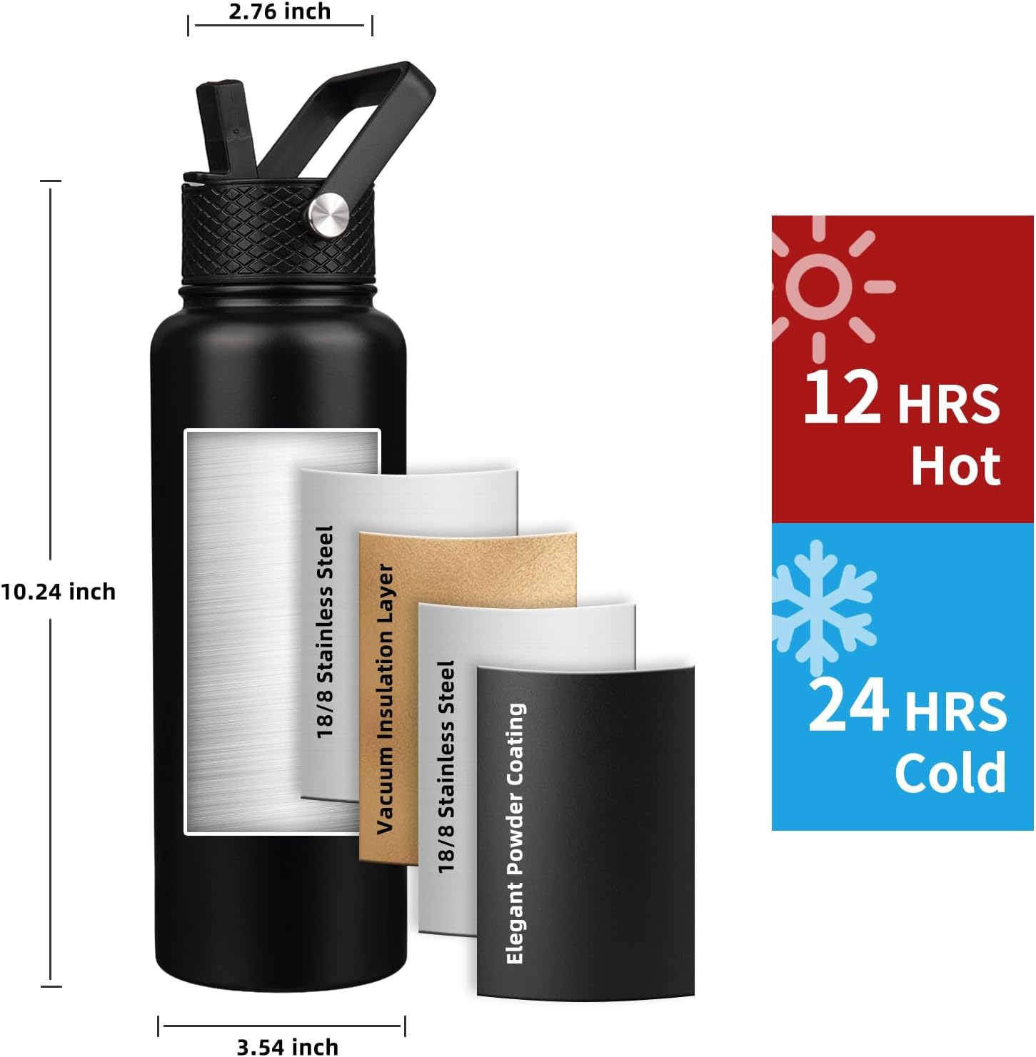 Skiennix Insulated Water Bottle - 40oz Triple Wall Vacuum Stainless Steel | Leak Proof, Non-BPA, Black