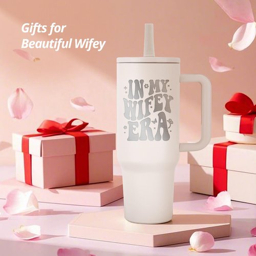 JETIKON 40oz Stainless Steel Insulated Tumbler with Handle and Straw - In My Wifey Era - Perfect for Bride, Bachelorette, Wedding Gifts