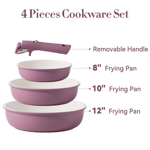 CAROTE Non Stick Frying Pans, 8"+10"+12” Frying Pan Egg Pan Omelet Pans with Detachable Handle, Stone Non Toxic Cookware, PFOA Free, Induction Compatible & Oven Safe, Dishwasher Safe, Purple