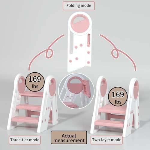 MELOLAND Toddler Step Stool Foldable for Kids,Turns from 3 Layers into 2,for Bathroom Sink (Pink)
